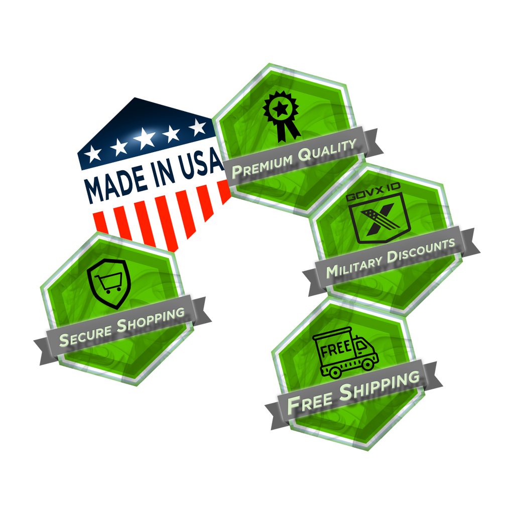 Five features: Made in USA, Premium Quality, Military Discounts, Free Shipping, and Secure Shopping.